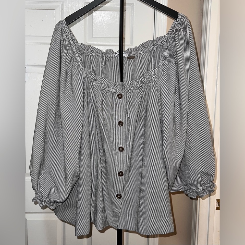 Calvin Klein Women’s Off-The-Shoulder Striped Button-Up Blouse!